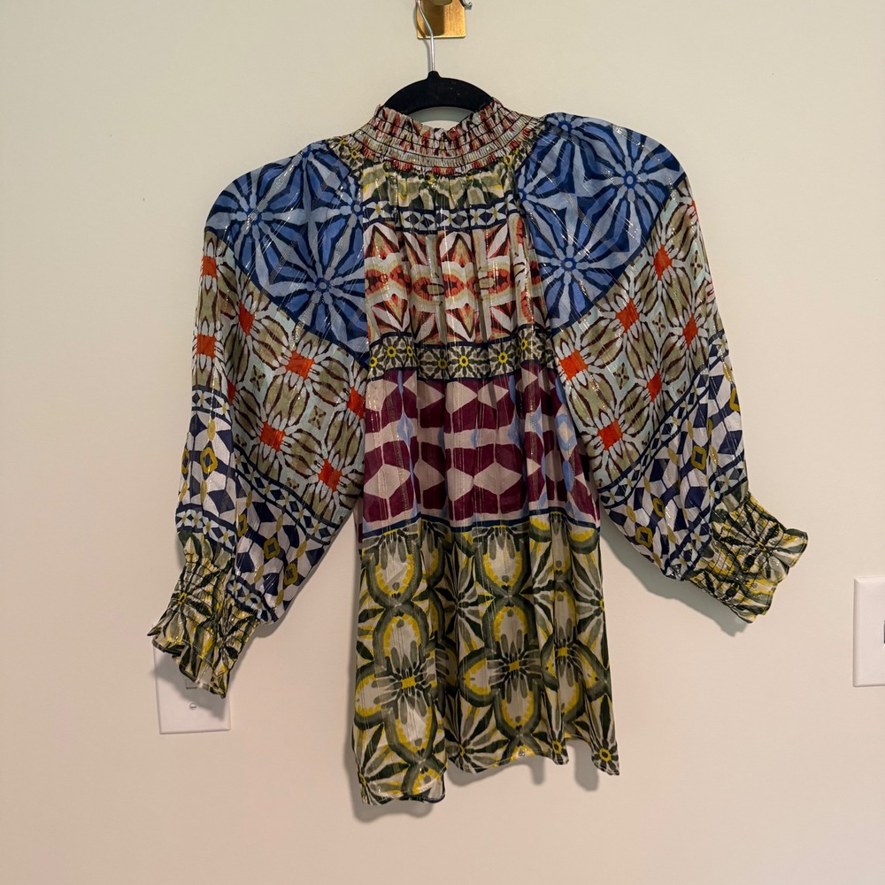 Ramy Brook Chela Smocked Neck Patchwork Metallic Blouse Blue Green L Large NWT - Picture 3 of 4